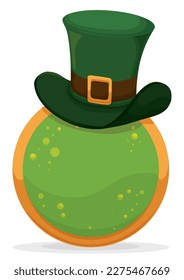Top hat on button with golden frame, green beer and bubbles inside. Template in cartoon style for St. Patrick's Day.