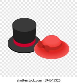 Top hat with red ribbon and red female hat isometric icon 3d on a transparent background vector illustration