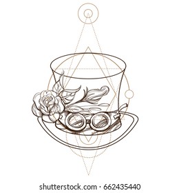 Top hat with rose and goggles. Outline vector illustration isolated on white background for posters, coloring pages and other items.