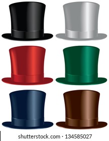 A top hat selection in black, gray, red, green, blue and brown colors.