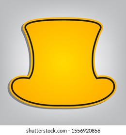 Top hat sign. Flat orange icon with overlapping linear black icon with gray shadow at whitish background. Illustration.
