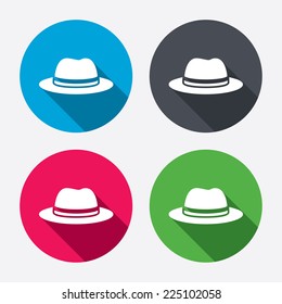 Top hat sign icon. Classic headdress symbol. Circle buttons with long shadow. 4 icons set. Vector