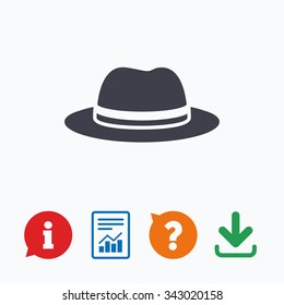 Top hat sign icon. Classic headdress symbol. Information think bubble, question mark, download and report.