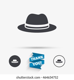 Top hat sign icon. Classic headdress symbol. Flat icons. Buttons with icons. Thank you ribbon. Vector