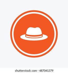 Top hat sign icon. Classic headdress symbol. Graphic design element. Flat hat symbol on the round button. Vector