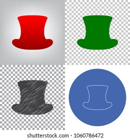 Top hat sign. Vector. 4 styles. Red gradient in radial lighted background, green flat and gray scribble icons on transparent and linear one in blue circle.