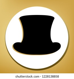 Top hat sign. Vector. Black icon with light brown shadow in white circle with shaped ring at golden background.