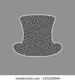 Top hat sign. Vector. Black maze filled icon with white border at gray background.