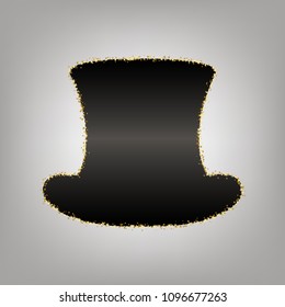 Top hat sign. Vector. Blackish icon with golden stars at grayish background.