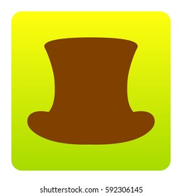Top hat sign. Vector. Brown icon at green-yellow gradient square with rounded corners on white background. Isolated.