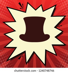 Top hat sign. Vector. Dark red icon in lemon chiffon shutter bubble at red popart background with rays.