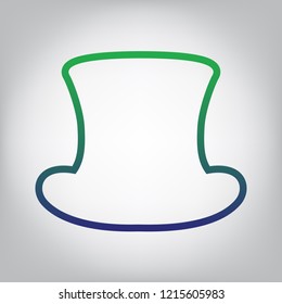 Top hat sign. Vector. Green to blue gradient contour icon at grayish background with light in center.