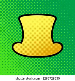 Top hat sign. Vector. Pop art orange to yellow dots-gradient icon with black contour at greenish background.