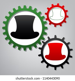 Top hat sign. Vector. Three connected gears with icons at grayish background.