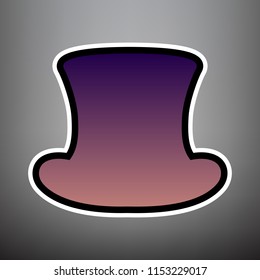 Top hat sign. Vector. Violet gradient icon with black and white linear edges at gray background.