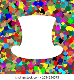 Top hat sign. Vector. White icon on colorful background with seamless pattern from squares.