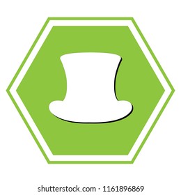 Top hat sign. Vector. White icon with black shadow at yellow green honeycomb on white background.