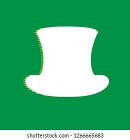Top hat sign. Vector. White flat icon with yellow striped shadow at green background.