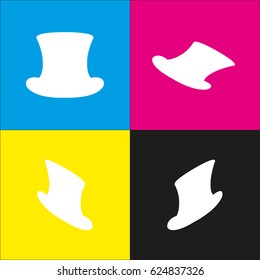 Top hat sign. Vector. White icon with isometric projections on cyan, magenta, yellow and black backgrounds.