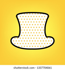 Top hat sign. Vector. Yellow polka dot white icon with black contour at warm yellow background.