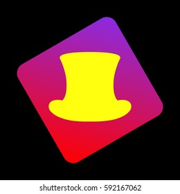 Top hat sign. Vector. Yellow icon at violet-red gradient square with rounded corners rotated for dynamics on black background.