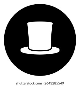 A top hat symbol in the center. Isolated white symbol in black circle. Vector illustration on white background