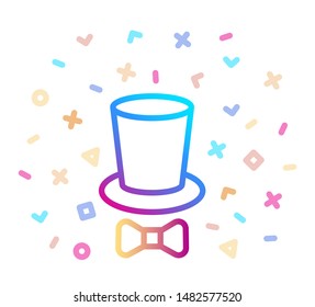 Top hat and tie bow line icon. Cylinder and bow vector illustration with festive decor