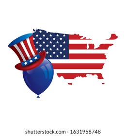 top hat traditional with map usa and balloon helium vector illustration design
