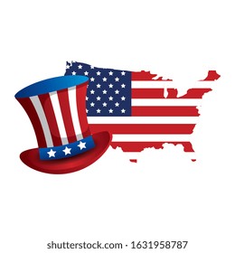 top hat traditional with map usa isolated icon vector illustration design