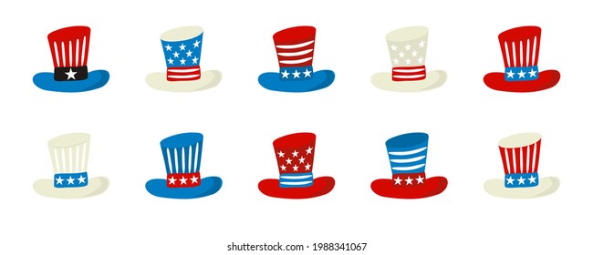 Top hat uncle Sam icons set isolated. Elements by July 4th in national colors of United States of America. Vector illustration for USA Independence or Election Day