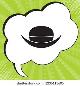 Top hat. Vector. Black icon in speech bubble at popart yellow green background.