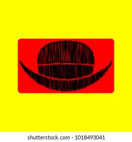 Top hat. Vector. Black scribble icon in red container with rounded corners at yellow background. Isolated.