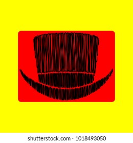 Top hat. Vector. Black scribble icon in red container with rounded corners at yellow background. Isolated.