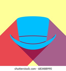 Top hat. Vector. Deep sky blue icon with two flat violet and raspberry semitransparent shadows on canary background.