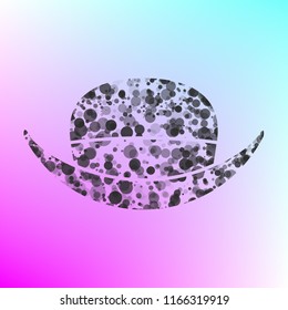 Top hat. Vector. Gray icon with bubbled texture at color background with pink and sky blue corners.