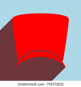Top hat. Vector. Red flat icon with infinte wine shadow to left down corner at sky background.