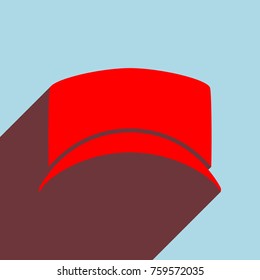 Top hat. Vector. Red flat icon with infinte wine shadow to left down corner at sky background.