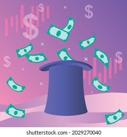 A top hat from which American dollars are pouring money against the background of charts. Success in business, trading and finance on the stock exchange. For the design of materials, infographics, soc