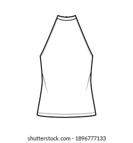 Top high neck halter tank cotton-jersey technical fashion illustration with bow, oversized, tunic length. Flat outwear apparel template front, white color. Women men unisex CAD mockup