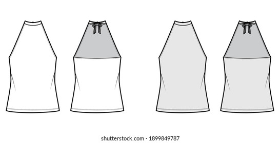 Top high neck halter tank cotton-jersey technical fashion illustration with bow, oversized, tunic length. Flat outwear apparel template front, back, white, grey color. Women men unisex CAD mockup