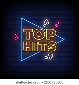 top hits neon sign with brick wall background vector