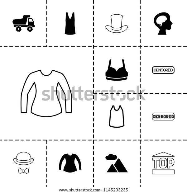 Top icon.\
collection of 13 top filled and outline icons such as toy car,\
sport bra, singlet, blouse, human brain, mountain, censored.\
editable top icons for web and\
mobile.