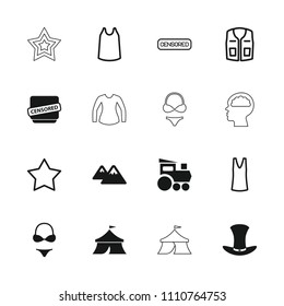 Top icon. collection of 16 top filled and outline icons such as censored, hat, mountain, star, singlet, sleeveless shirt, train toy. editable top icons for web and mobile.