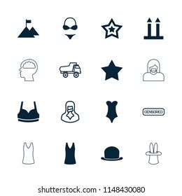 Top icon. collection of 16 top filled and outline icons such as star, sport bra, flag on mountain, toy car, censored woman, bikini, hat. editable top icons for web and mobile.