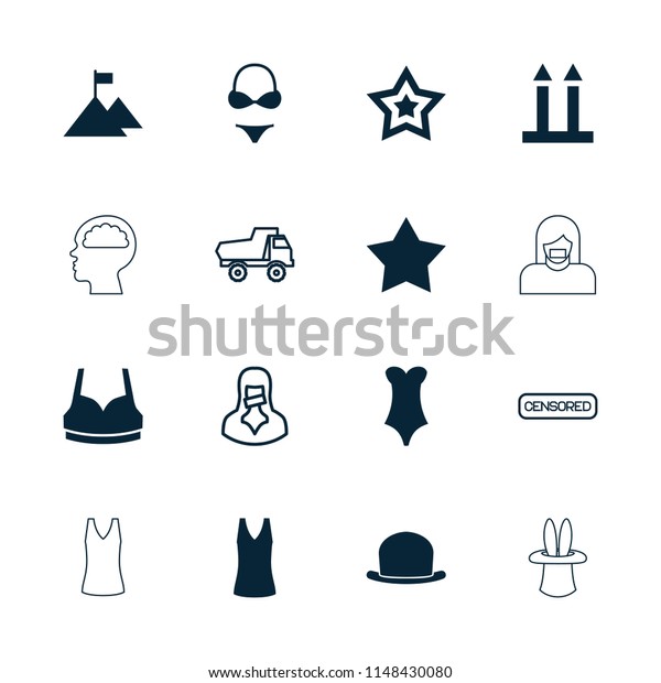 Top icon.\
collection of 16 top filled and outline icons such as star, sport\
bra, flag on mountain, toy car, censored woman, bikini, hat.\
editable top icons for web and\
mobile.