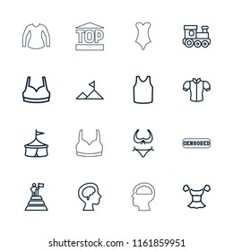 Top icon. collection of 16 top outline icons such as train toy, bikini, sport bra, singlet, blouse, circus, human brain, mountain. editable top icons for web and mobile.