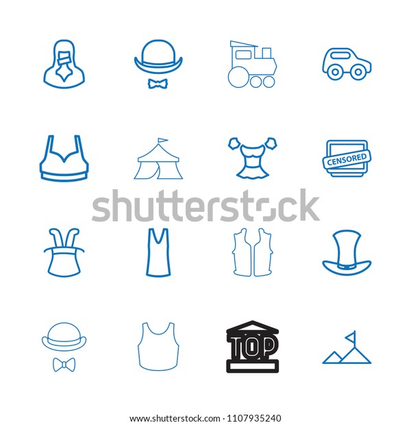 Top icon. collection of 16
top outline icons such as toy car, sport bra, singlet, blouse,
magic hat, censored woman, censored. editable top icons for web and
mobile.