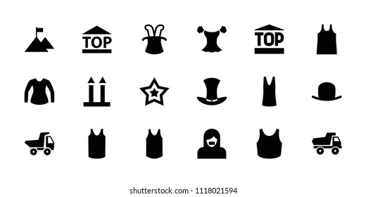 Top icon. collection of 18 top filled icons such as toy car, hat, singlet, blouse, magic hat, flag on mountain, star, sport bra. editable top icons for web and mobile.
