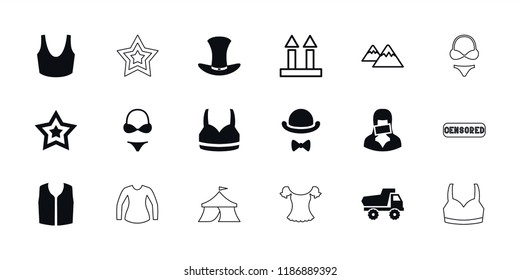 Top icon. collection of 18 top filled and outline icons such as toy car, sport bra, sleeveless shirt, censored woman, hat. editable top icons for web and mobile.