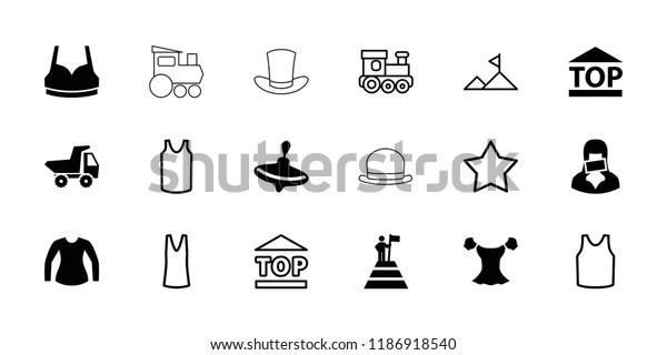 Top icon.\
collection of 18 top filled and outline icons such as whirligig,\
sport bra, blouse, censored woman, train toy, star, singlet.\
editable top icons for web and\
mobile.